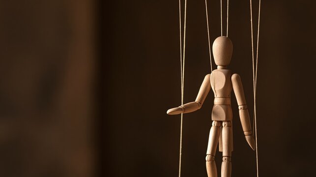 Wooden artist mannequin puppet suspended by strings