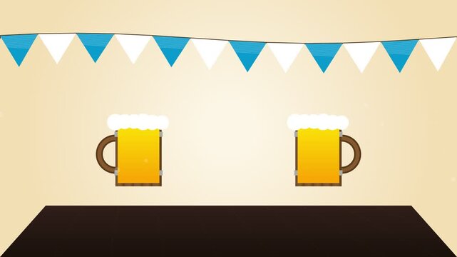 Two beer mugs clinking with blue and white bunting decoration