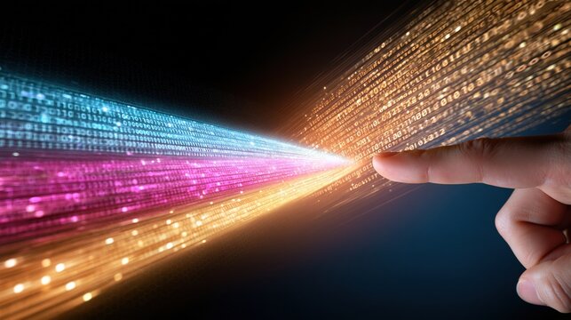 Human finger interacting with flowing binary code streams
