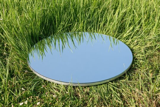 Round mirror on green grass reflecting the sky