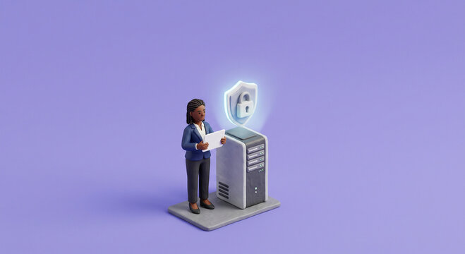 Female cyber security expert holding tablet next to data server with glowing padlock shield icon. IT professional manages information security, data protection, and network privacy. Claymation 3D digi