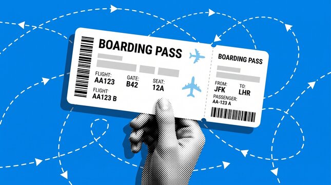 A person holding a printed airline boarding pass against a blue background with dotted lines with navigation