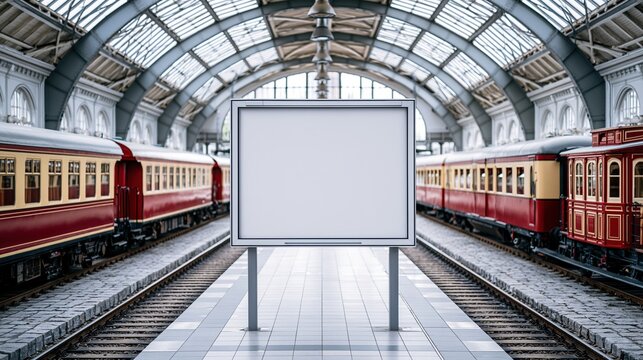 Blank sign stands between vintage trains at railway