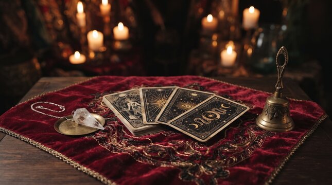 Fortune teller table with velvet cloth crystal pendulum and tarot deck