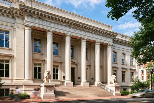 Grand classical library building with stone columns and