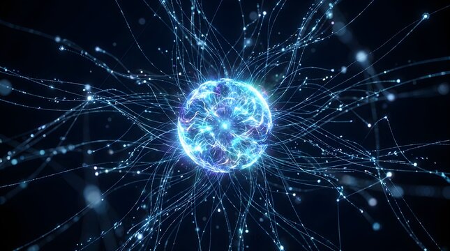 Abstract glowing energy sphere with radiating light particles and interconnected neural network lines on a dark background