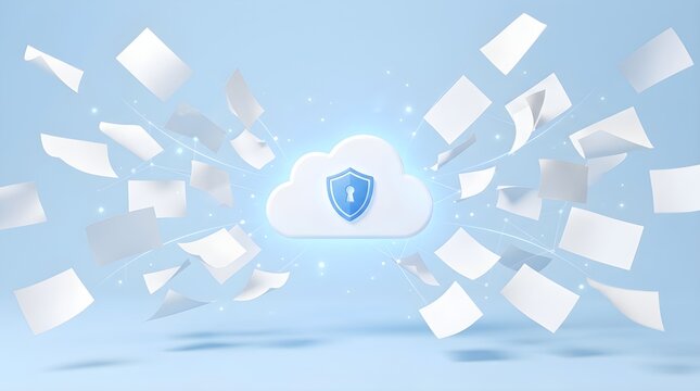 Cloud data security concept with flying sheets of paper, 3d rendering