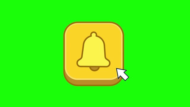Notification bell animation featuring a 3D yellow button being clicked by a mouse cursor on white and green screen backgrounds