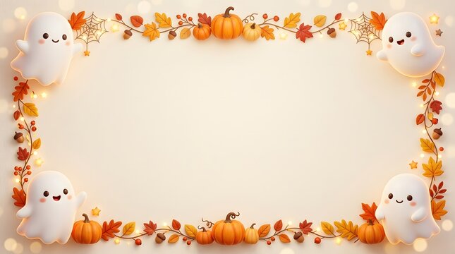 Cute cartoon ghost characters with autumn pumpkins and fall leaves frame on a beige background for seasonal holiday design