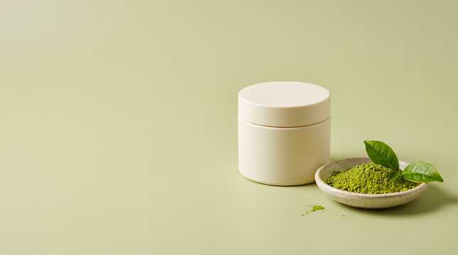Ivory Cosmetic Jar with Matcha Powder and Fresh Tea Leaves