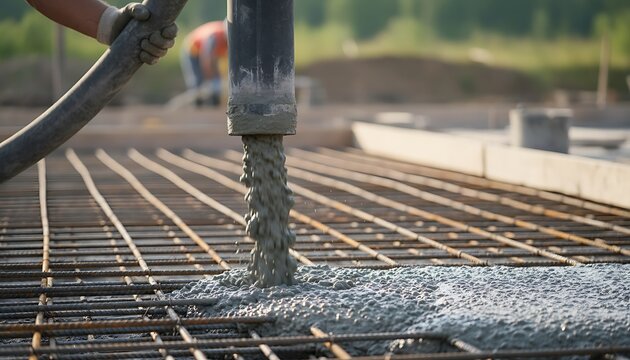 Concrete pouring process on a construction site, liquid cement flowing from a pump hose onto a steel rebar mesh reinforcement for a building foundation slab