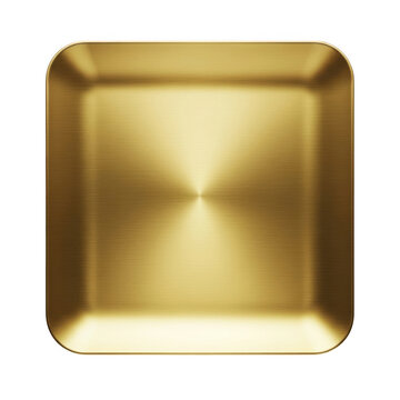 Shiny gold metallic square button with rounded corners and brushed texture isolated on transparent background