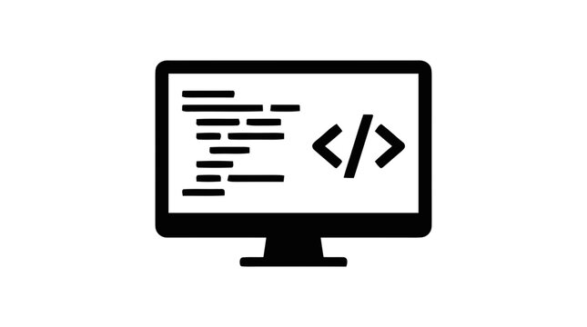 Vector illustration of computer monitor icon with coding symbols on screen on a transparent background