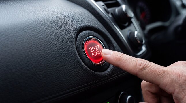 Finger pressing a red 2027 start button on a vehicle dashboard