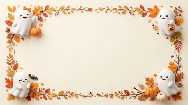 Cute cartoon ghost border frame with autumn fall leaves and pumpkins on a light beige background for seasonal holiday design