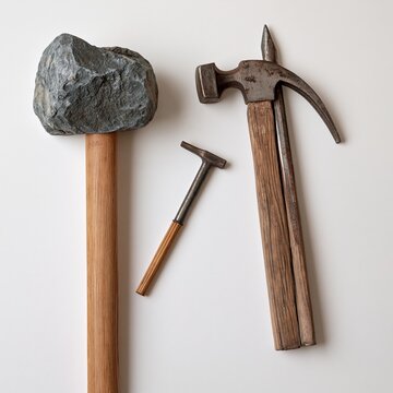 stone hammer with wooden handle on white background