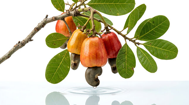 Fresh cashew apples hanging on branch with green leaves, ripe raw cashew fruit on white background, tropical agriculture concept