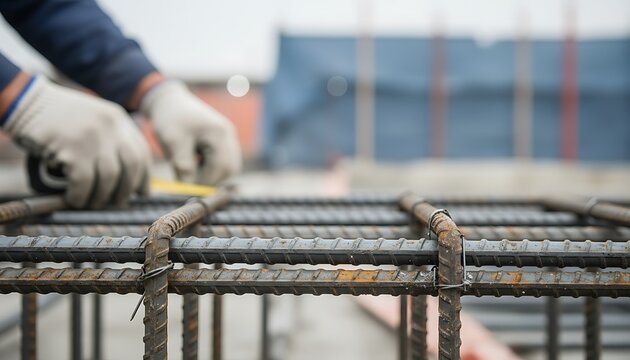 Construction worker measuring steel rebar reinforcement cage for concrete foundation on a building site