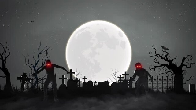 Spooky Halloween cemetery night background with full moon and glowing red eye zombies rising from graves