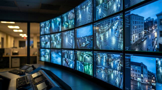 Security monitoring control room with multiple surveillance camera video screens