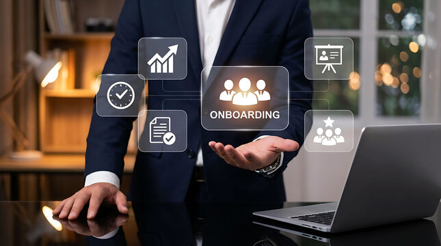 Professional man presenting digital employee onboarding process workflow concept