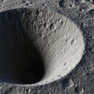 Closeup of textured lunar crater surface with deep