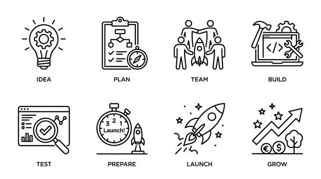Illustrated icons depicting stages of project management workflow process.