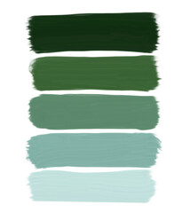 Hand-drawn set of five horizontal brush stroke swatches blending from deep forest green to soft pale aqua on a white background. A calm, natural color palette for mood boards, branding, etc. © Silvie