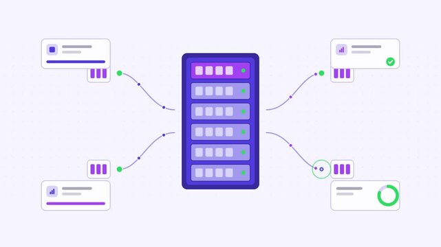 Animated gpu cluster scheduling job distribution visualised as a process flow in a modern flat vector style. Smooth looping 4K motion graphic with soft blue and azure colours, floating interface cards