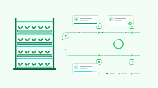 Seamless 4K looping animation showing a vertical farming nutrient light tiers presented as a process flow. Flat vector icons, UI cards and animated connector lines move across a clean light background