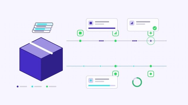 Seamless 4K looping animation showing a batch inference queued request presented as a parallel lanes. Flat vector icons, UI cards and animated connector lines move across a clean light background in b