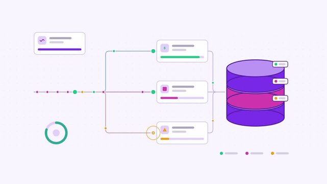 Animated inference caching hit miss visualised as a split flow in a modern flat vector style. Smooth looping 4K motion graphic with soft purple and violet colours, floating interface cards and flowing