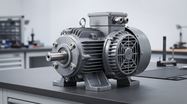 Powerful industrial electric motor sitting on a professional workbench