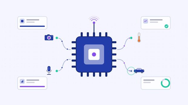 Seamless 4K looping animation showing a edge ai device fleet presented as a central hub. Flat vector icons, UI cards and animated connector lines move across a clean light background in blue and azure