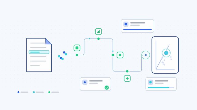 Seamless 4K looping animation showing a embedding generation text vector presented as a process chain. Flat vector icons, UI cards and animated connector lines move across a clean light background in 