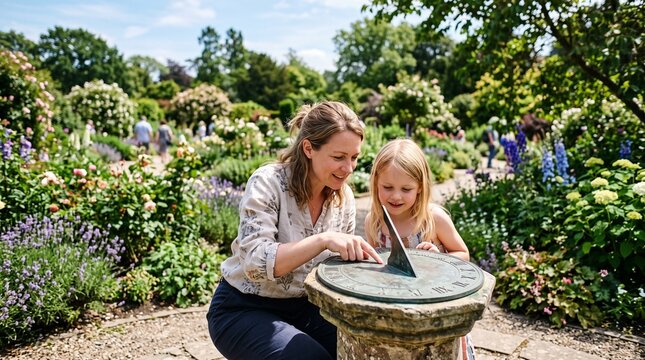 Mother and daughter learning about time on a sundial in a beautiful blooming garden on a sunny day