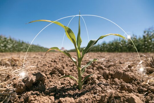 Young corn plant growing in a field with abstract digital overlay