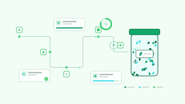 Seamless 4K looping animation showing a seed bank conservation storage presented as a process chain. Flat vector icons, UI cards and animated connector lines move across a clean light background in fr