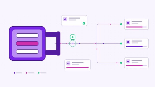 Seamless 4K looping animation showing a model serving endpoint request convergence presented as a process flow. Flat vector icons, UI cards and animated connector lines move across a clean light backg