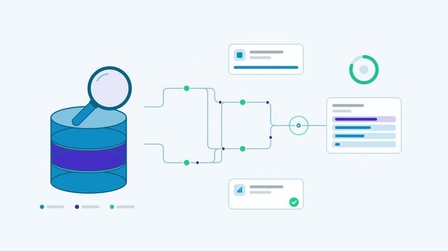 Seamless 4K looping animation showing a retrieval pipeline query ranking presented as a node network. Flat vector icons, UI cards and animated connector lines move across a clean light background in t