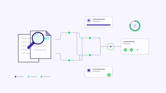 Animated fact checking pipeline source visualised as a node network in a modern flat vector style. Smooth looping 4K motion graphic with soft blue and azure colours, floating interface cards and flowi