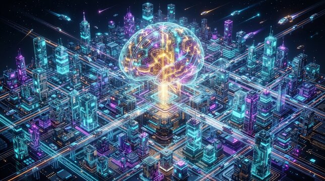 Futuristic neon city with central digital brain