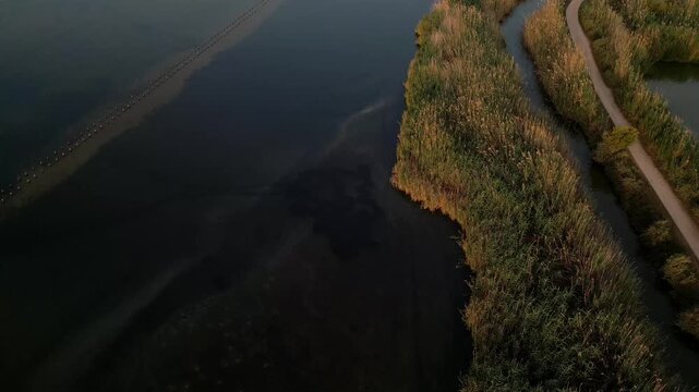Aerial view of the FAI - Saline Conti Vecchi salt pans with calm reflective water and reeds in Assemini, Sardegna, Italy.