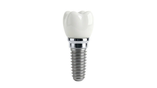 3D rendered single dental implant with white tooth crown on polished metallic abutment and threaded titanium screw post isolated on a solid plain white background for professional medical and dental
