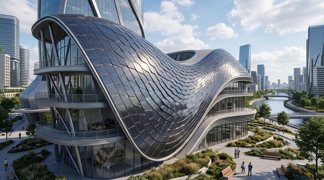 Futuristic Eco-Building with Solar Panels: A modern architectural marvel with a flowing, wave-like design covered in solar panels.