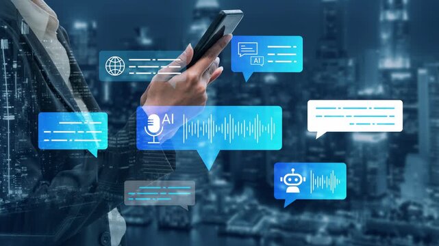 Futuristic Concept of Artificial Intelligence Communication with Digital Chat Bubbles and Smart Devices in a City Skyline Background at Night Gluon.