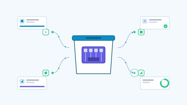 Seamless 4K looping animation showing a ewaste collection drop point presented as a node network. Flat vector icons, UI cards and animated connector lines move across a clean light background in teal 