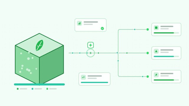 Seamless 4K looping animation showing a low carbon concrete mix pouring presented as a process flow. Flat vector icons, UI cards and animated connector lines move across a clean light background in fr
