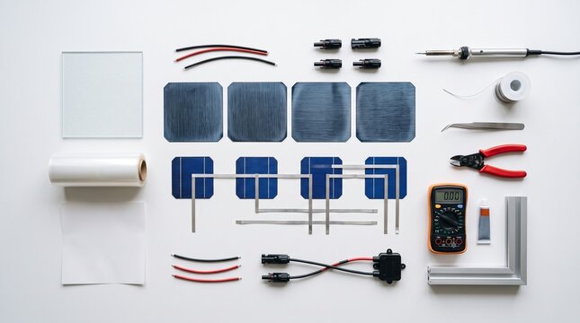 Solar Panel Components Laid Out: A collection of solar cells, wires, connectors, glass, and tools are meticulously arranged on a flat surface.