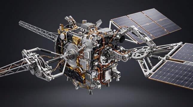 Space Exploration Satellite: A highly detailed, advanced spacecraft designed for interplanetary missions, featuring intricate circuitry, solar panels, and scientific instruments against a dark.